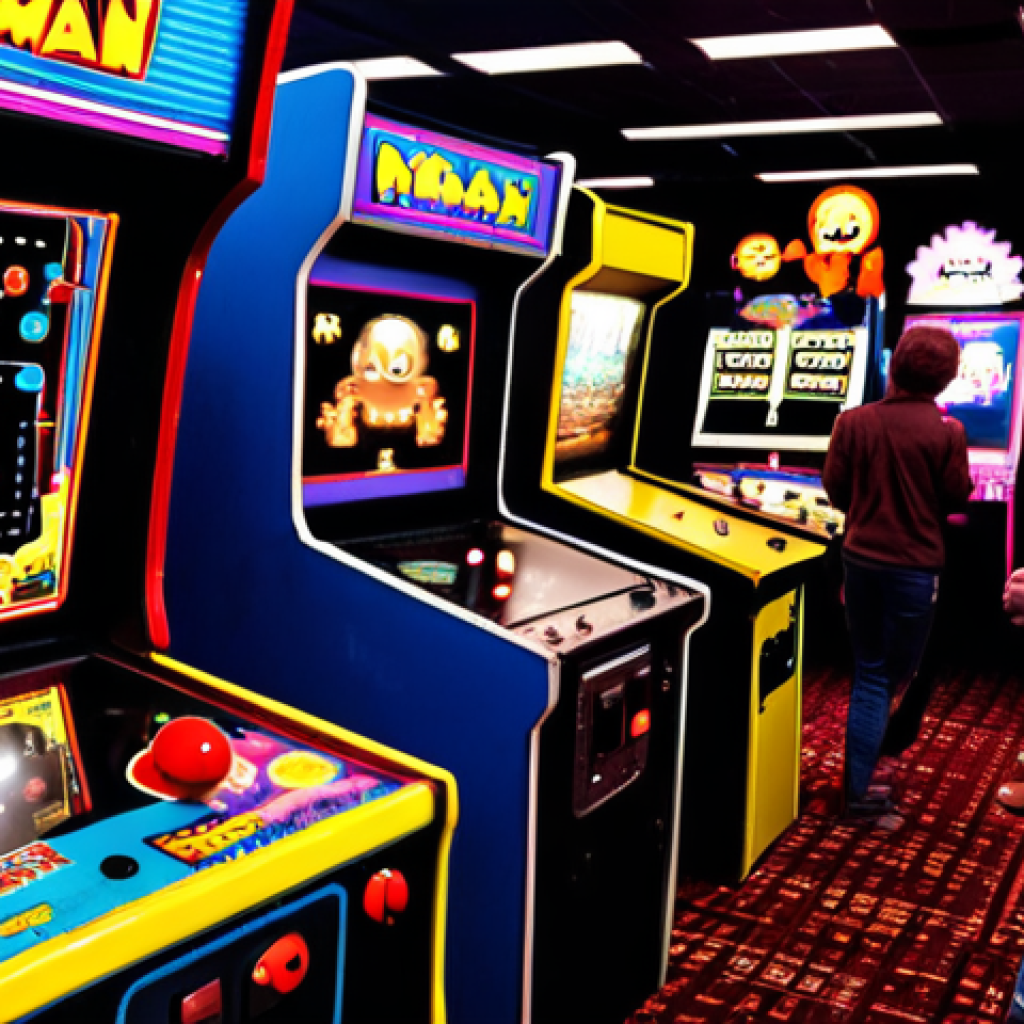 Arcade Nostalgia** A vibrant, slightly hazy image of a classic 1980s arcade. Focus on the glowing screens of various arcade cabinets (Pac-Man, Space Invaders, Donkey Kong). In the foreground, kids and teenagers are excitedly playing, illuminated by the flashing lights. Capture the energetic and social atmosphere of the arcade with lots of movement and color. **