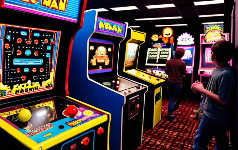 Arcade Nostalgia** A vibrant, slightly hazy image of a classic 1980s arcade. Focus on the glowing screens of various arcade cabinets (Pac-Man, Space Invaders, Donkey Kong). In the foreground, kids and teenagers are excitedly playing, illuminated by the flashing lights. Capture the energetic and social atmosphere of the arcade with lots of movement and color. **
