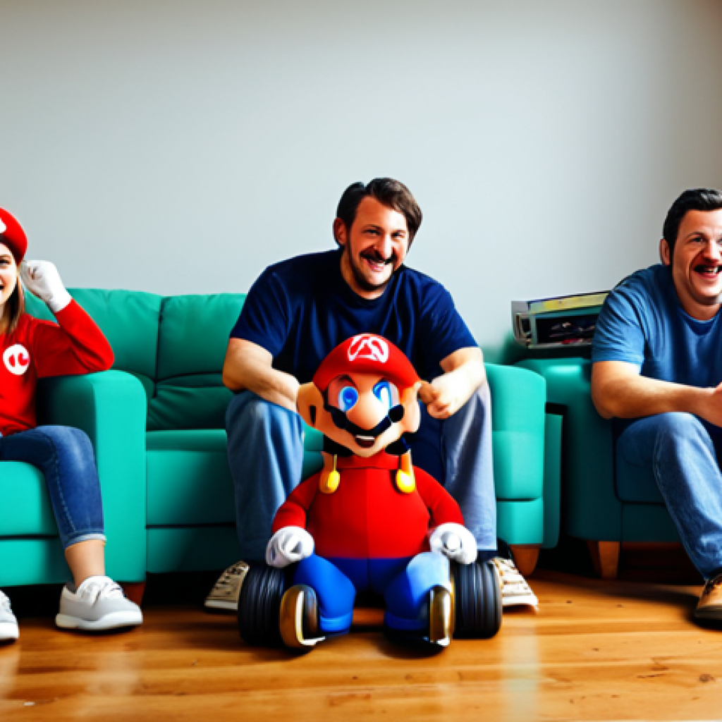 Nintendo 64 Nostalgia**
A group of fully clothed friends in a warmly lit living room, playing Mario Kart 64 on a Nintendo 64. The scene evokes a sense of 90s nostalgia. Everyone is smiling and laughing, focused on the game. Appropriate attire, safe for work, perfect anatomy, natural proportions, family-friendly, high quality, professional photography.
**