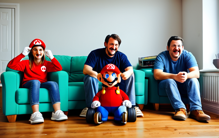 Nintendo 64 Nostalgia** A group of fully clothed friends in a warmly lit living room, playing Mario Kart 64 on a Nintendo 64. The scene evokes a sense of 90s nostalgia. Everyone is smiling and laughing, focused on the game. Appropriate attire, safe for work, perfect anatomy, natural proportions, family-friendly, high quality, professional photography. **