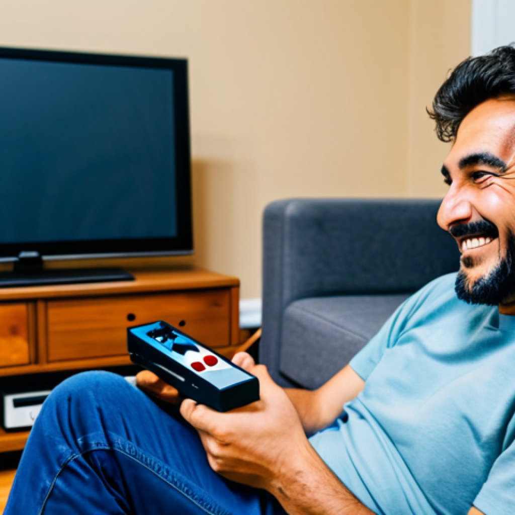 클래식 콘솔과 현대 TV의 호환성 - ** A man connecting an old Nintendo console (like NES or SNES) to a modern 4K TV using an adapter. ...