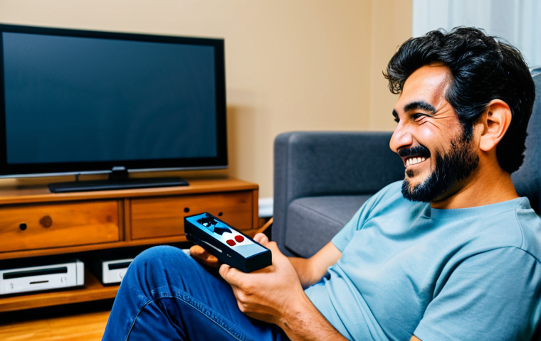 클래식 콘솔과 현대 TV의 호환성 - ** A man connecting an old Nintendo console (like NES or SNES) to a modern 4K TV using an adapter. ...