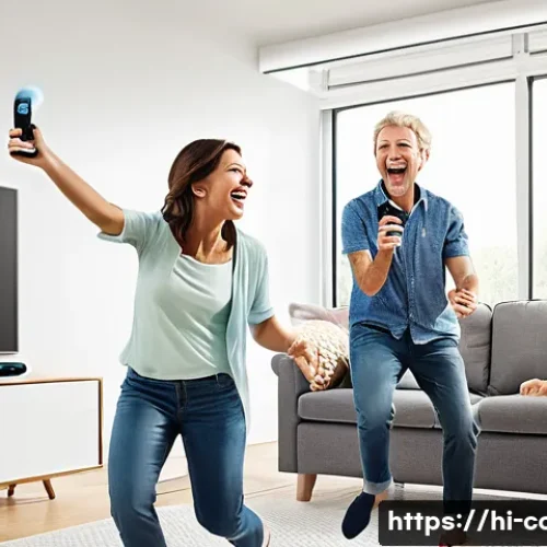 Home 27 닌텐도 Wii의 혁신적 게임 플레이 - A lively family scene in a modern living room where members of all ages, including children wearing ...