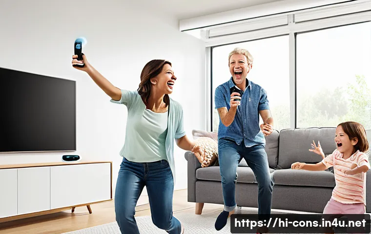닌텐도 Wii의 혁신적 게임 플레이 - A lively family scene in a modern living room where members of all ages, including children wearing ...