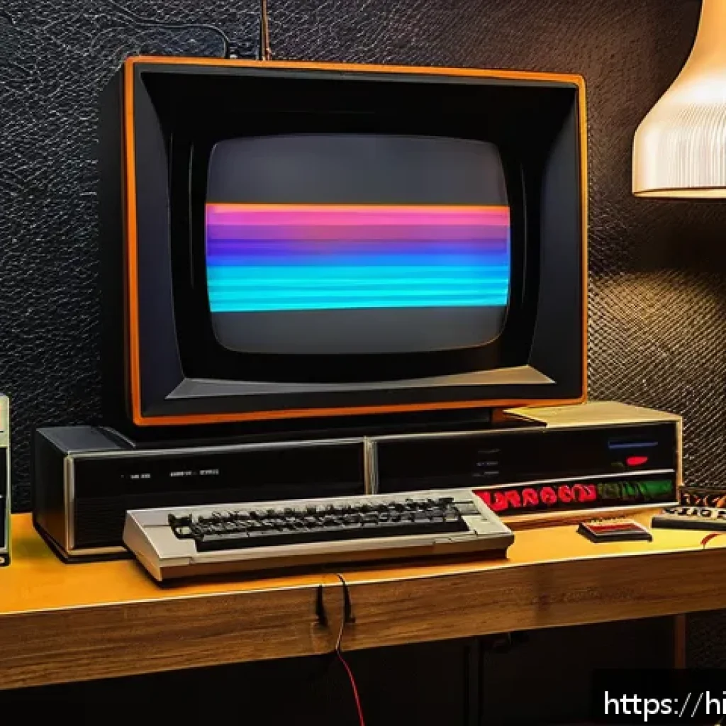 아타리 7800의 출시 실패 이유 - A retro-style gaming room scene from the 1980s featuring the Atari 7800 console prominently displaye...