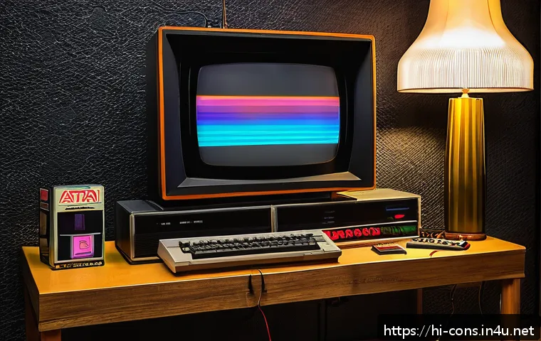 아타리 7800의 출시 실패 이유 - A retro-style gaming room scene from the 1980s featuring the Atari 7800 console prominently displaye...