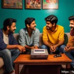Home 19 추억의 게임기 비교 닌텐도 vs 세가 - A cozy nostalgic scene featuring a group of friends gathered in a dimly lit living room playing clas...
