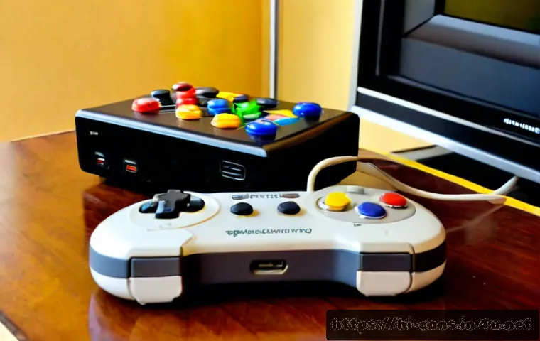 아타리 플래시백의 장점과 단점 - Photorealistic close-up of a compact retro-style plug-and-play game console with two simple wired co...